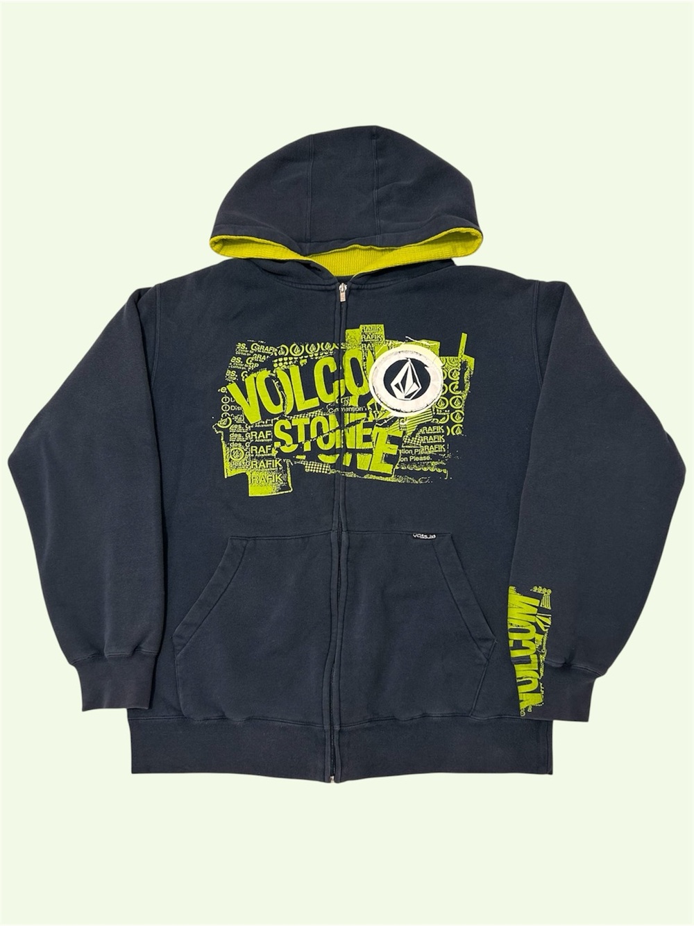 Y2K Volcom Stone Graphic Waffle Lined Jacket Hoodie Neon Green Navy Medium Rare
